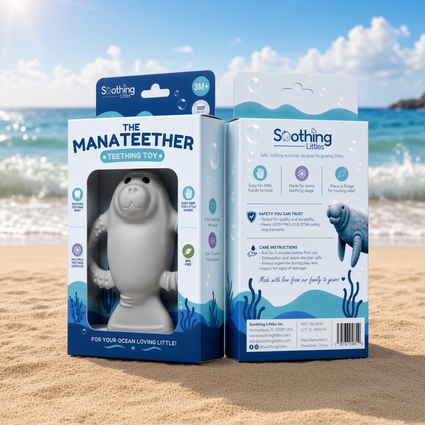 Manateether retail carton front and back on the beach. ASTM and CPSIA testing called on pack