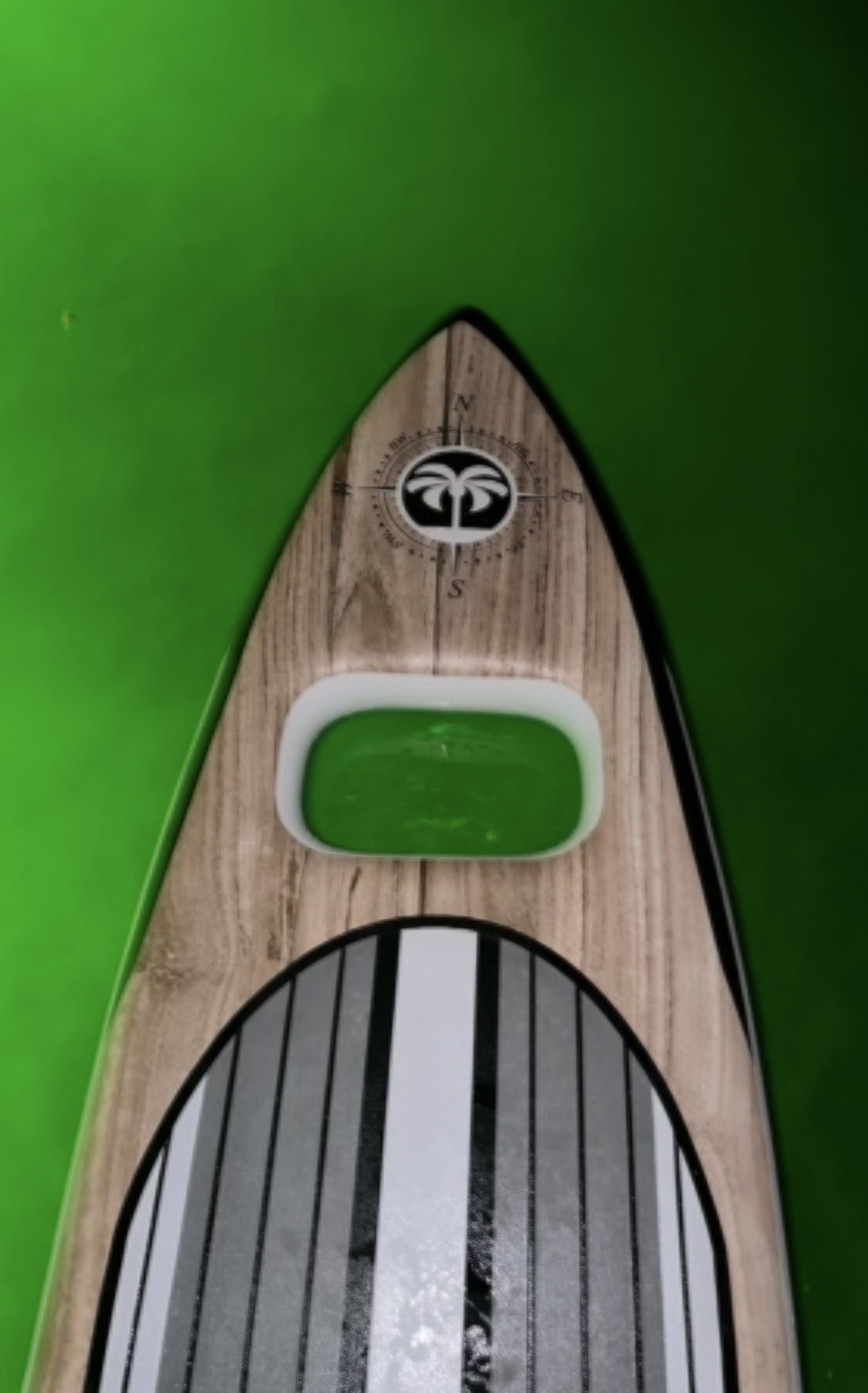 Manufactured skateboard nose with palm compass graphic and cutout